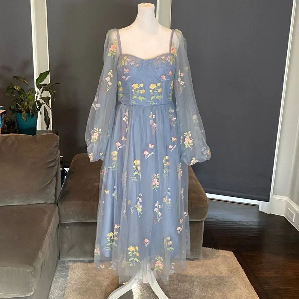 Women’s Blue Dress Embroidered Flowers & Butterflies Corset Back Size 12 NWOT